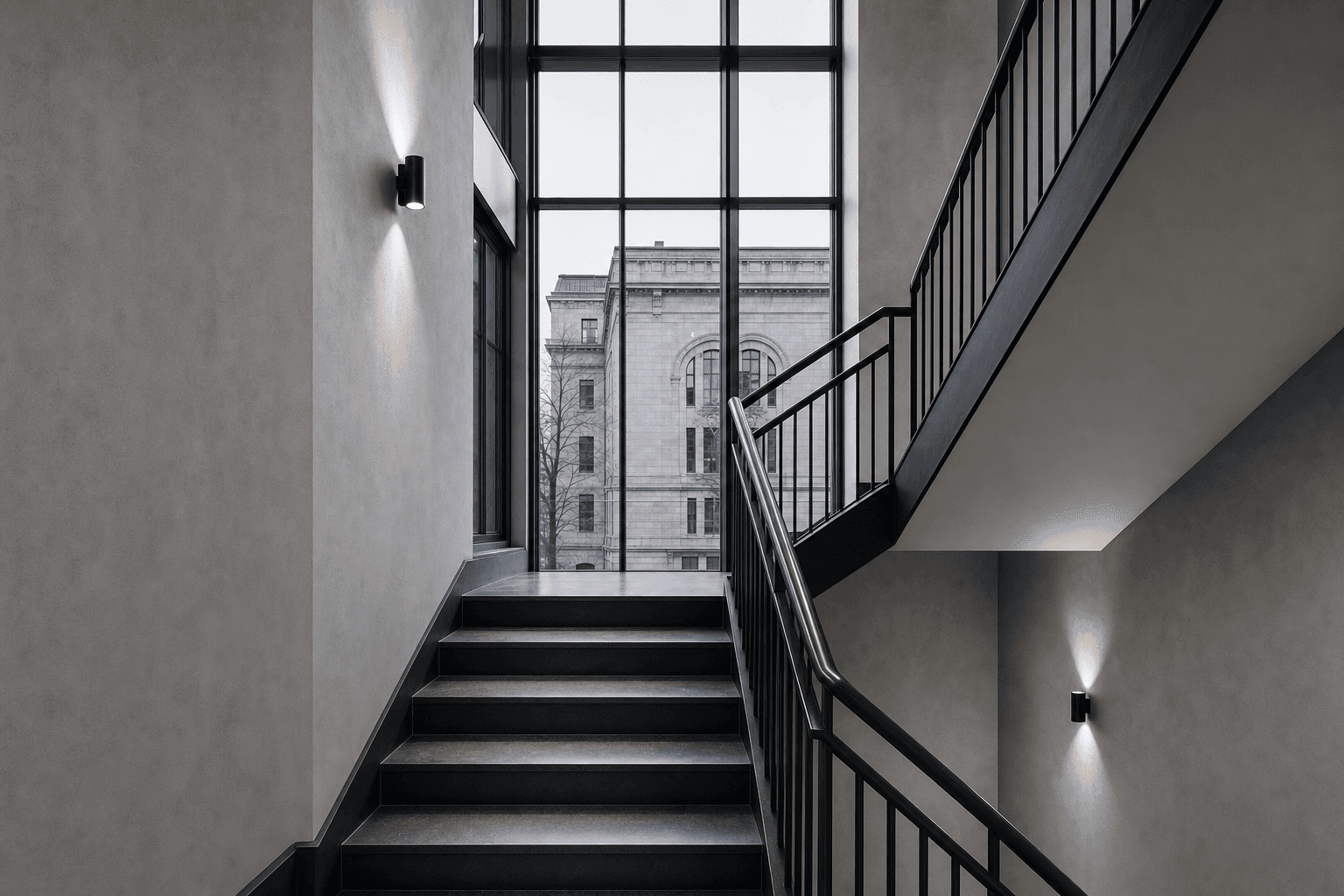 Representative photography — Modern stairwell with a view of a stone building