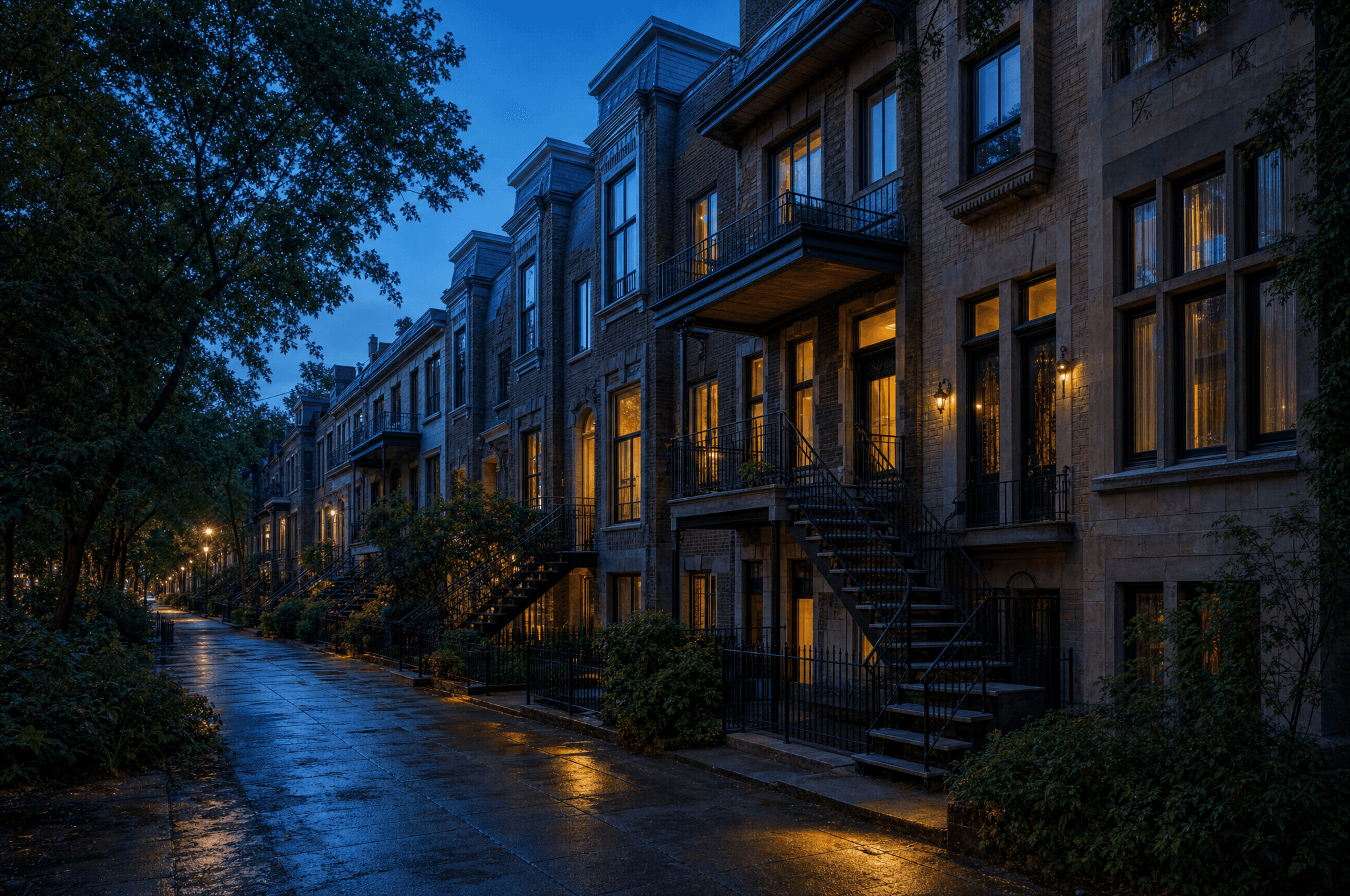 Representative photography — Representative evening photography of a Montreal rowhouse street
