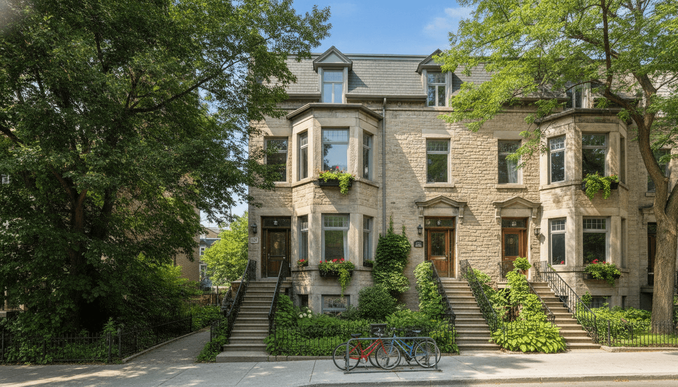 Representative Montreal triplex facade with black exterior stairs