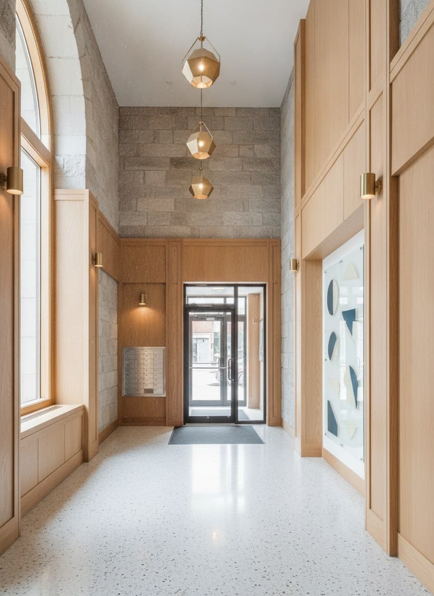 Representative photography — Monochrome building lobby with mailboxes and staircase