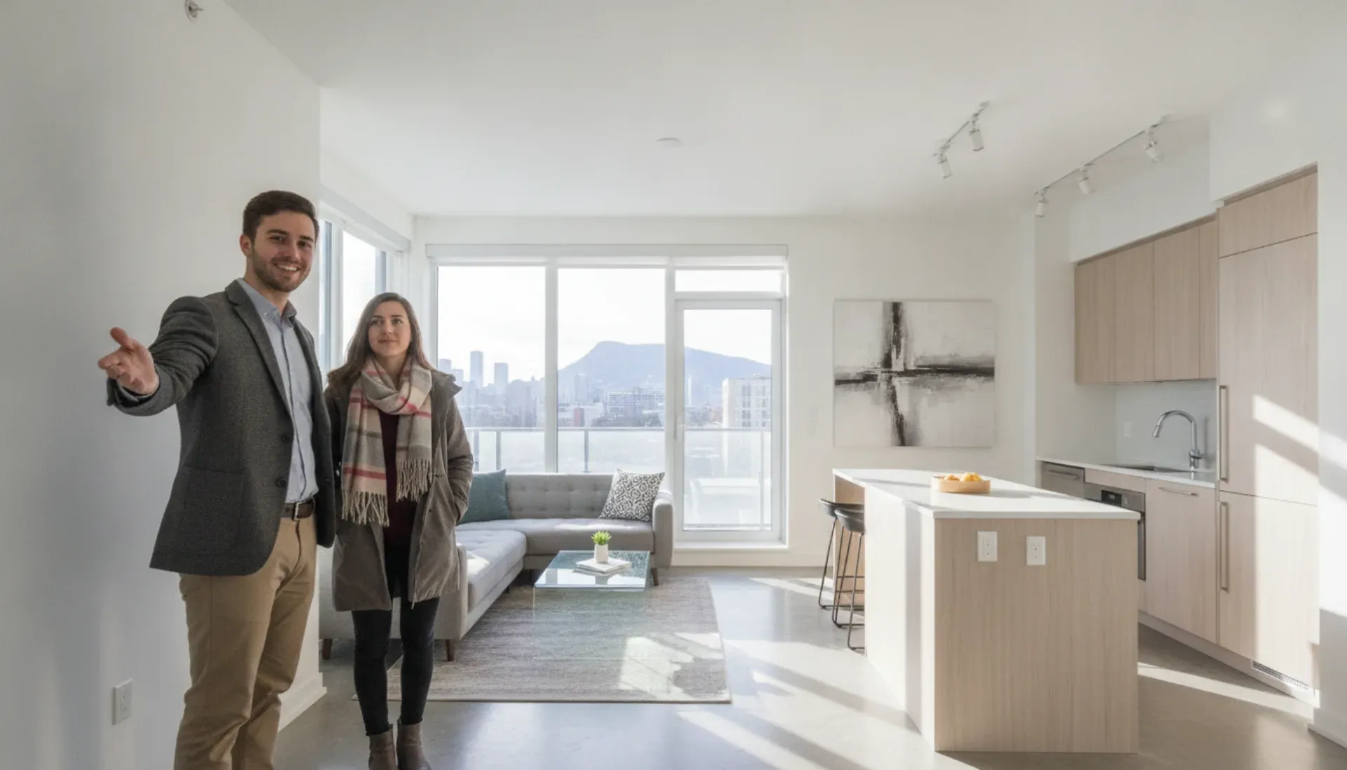 Leasing agent showing Montreal rental apartment to prospective tenant