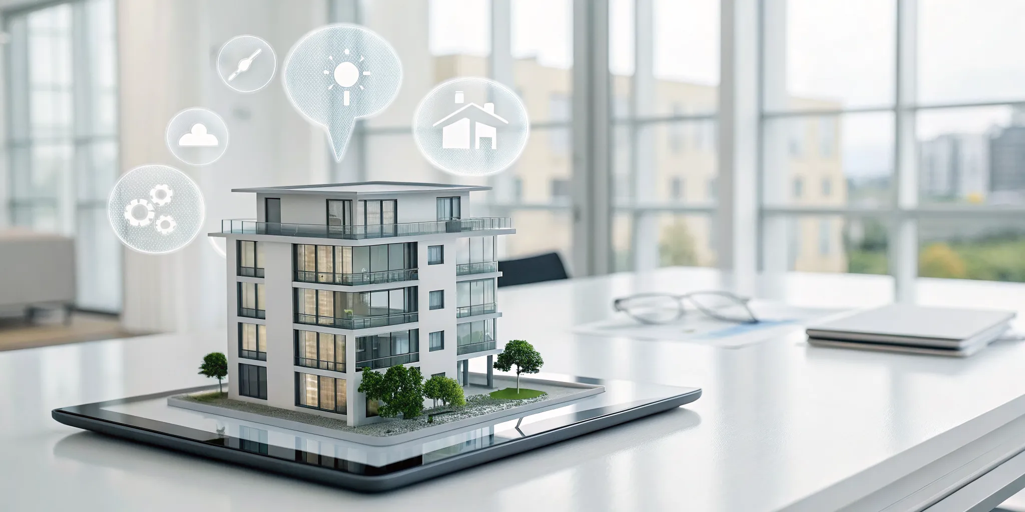 A tablet showing the best tenant management practices with a smart building model.