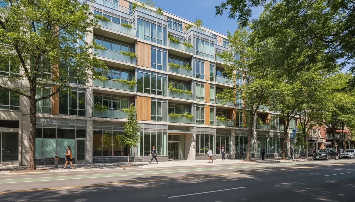 Professional apartment building exterior in Montreal with well-maintained facade on a tree-lined street