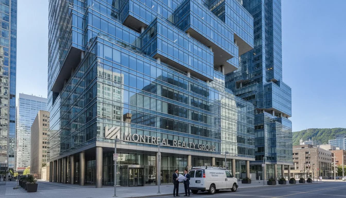 Modern Montreal commercial office building exterior with glass and steel architecture