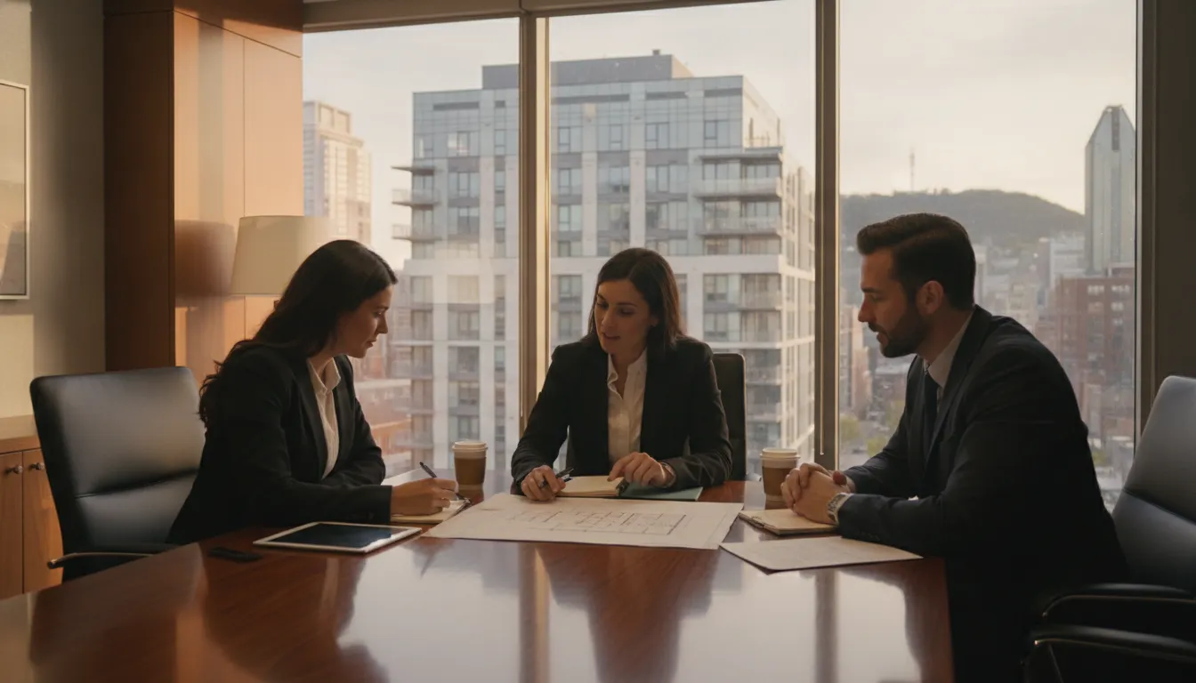 Professional property management team reviewing documents in a Montreal office