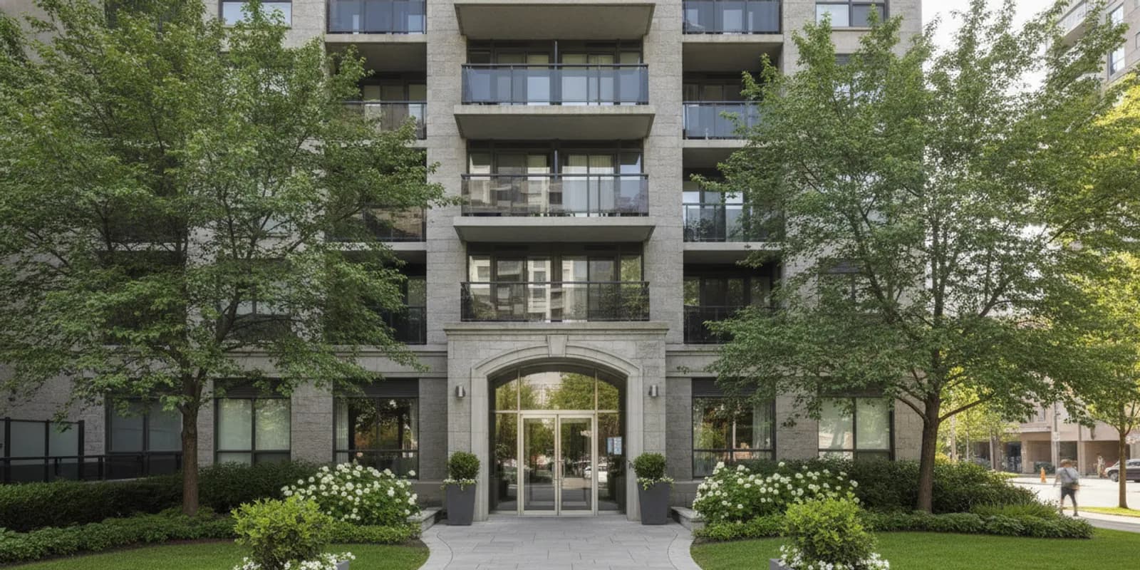 Montreal condominium building viewed from its landscaped entrance