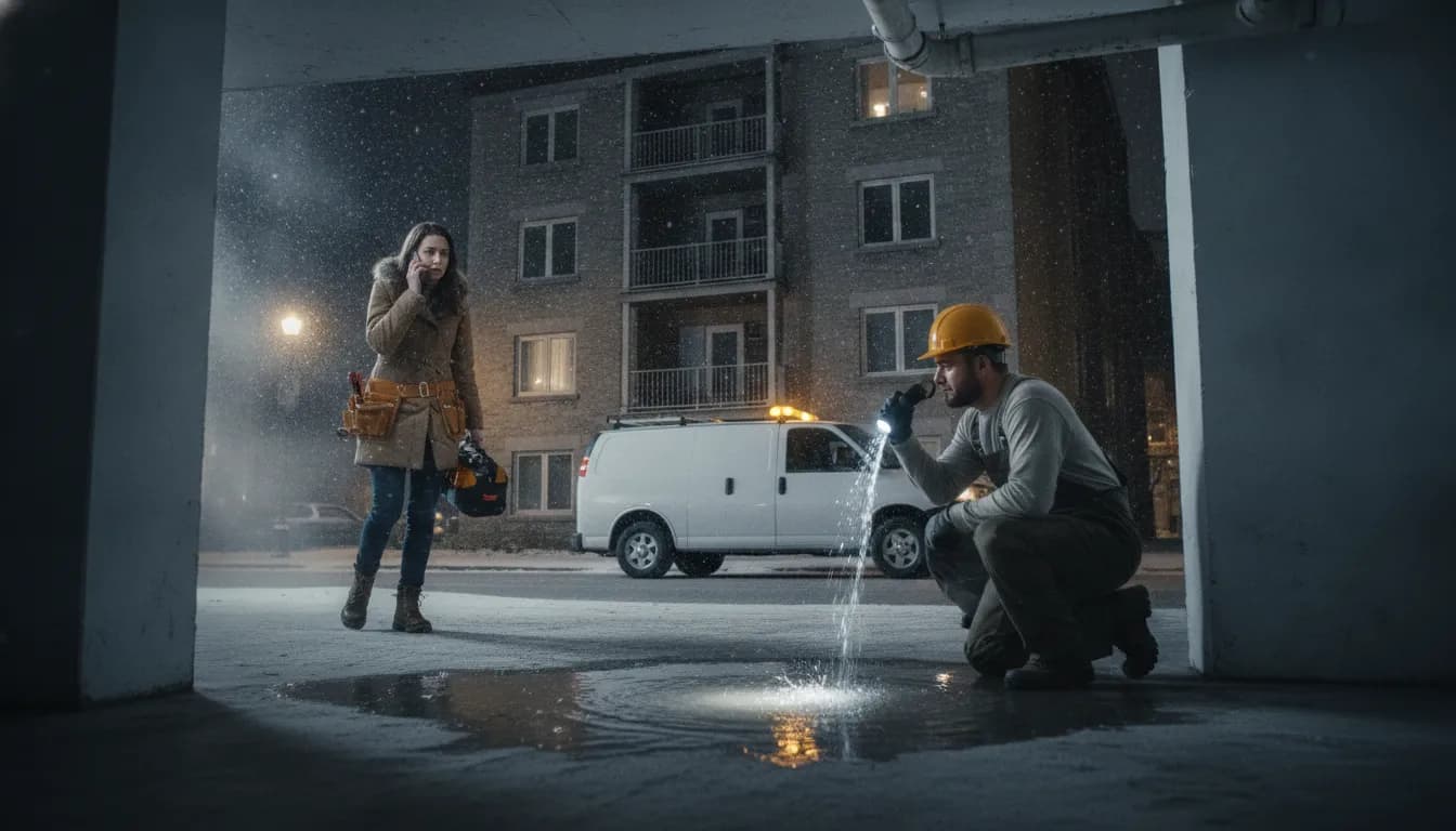 Property maintenance technician responding to an after-hours emergency at a Montreal apartment building at night