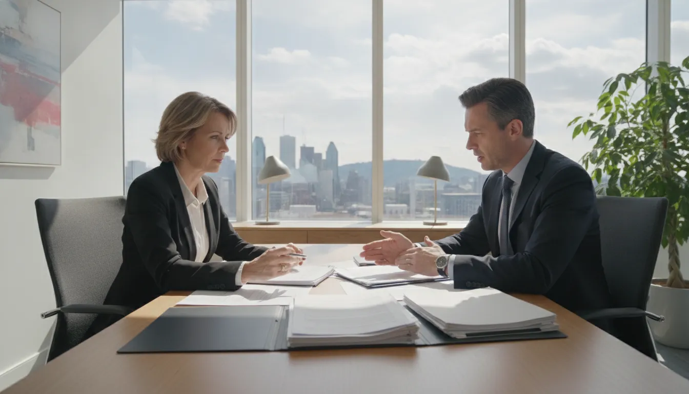 Property owner and professional advisor reviewing management documents in a Montreal office