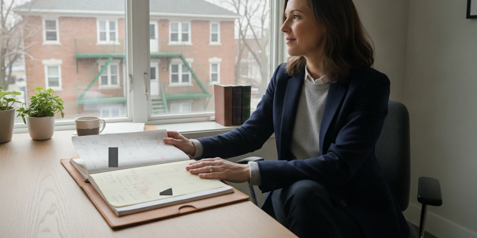Montreal rental property exterior with an owner reviewing insurance documents