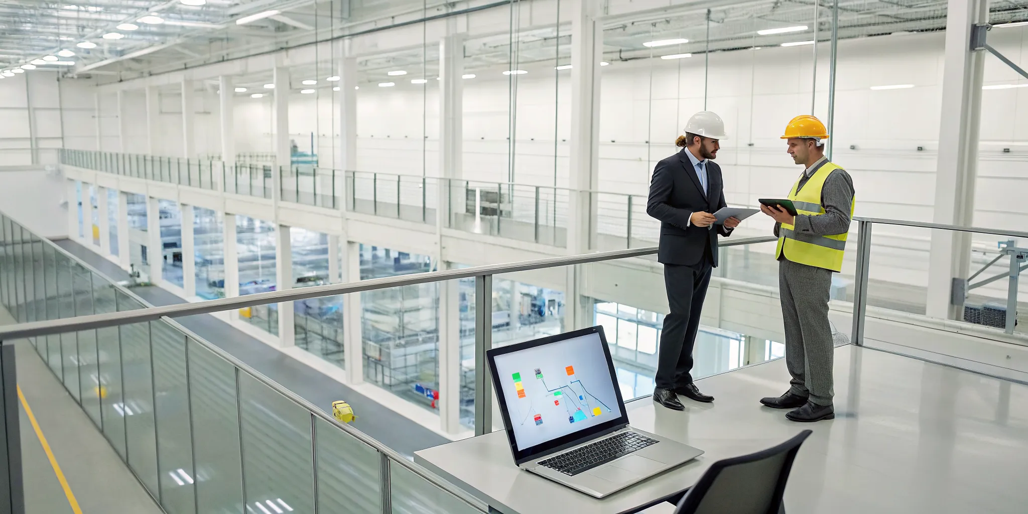 Industrial building manager reviewing management services for a facility.