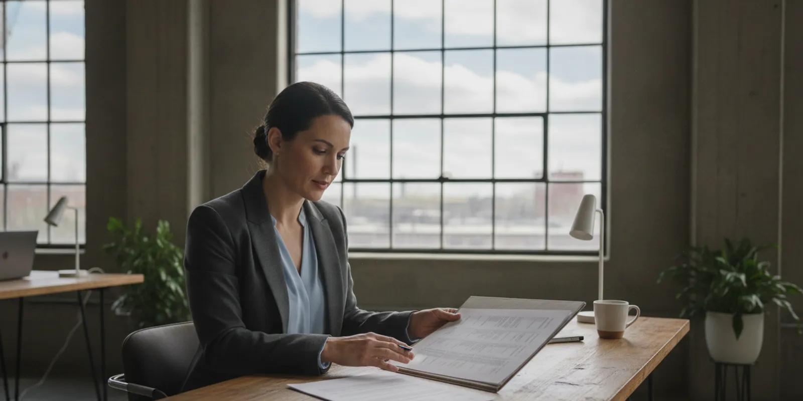 Industrial property manager reviewing lease documents at a warehouse office