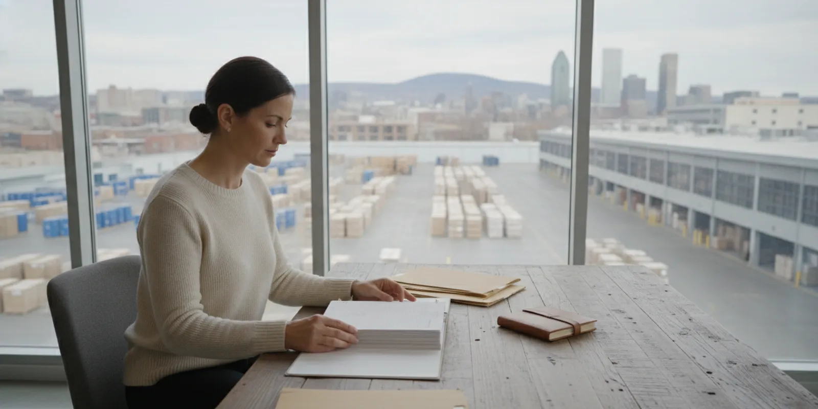 Industrial property manager reviewing facility records beside a warehouse floor