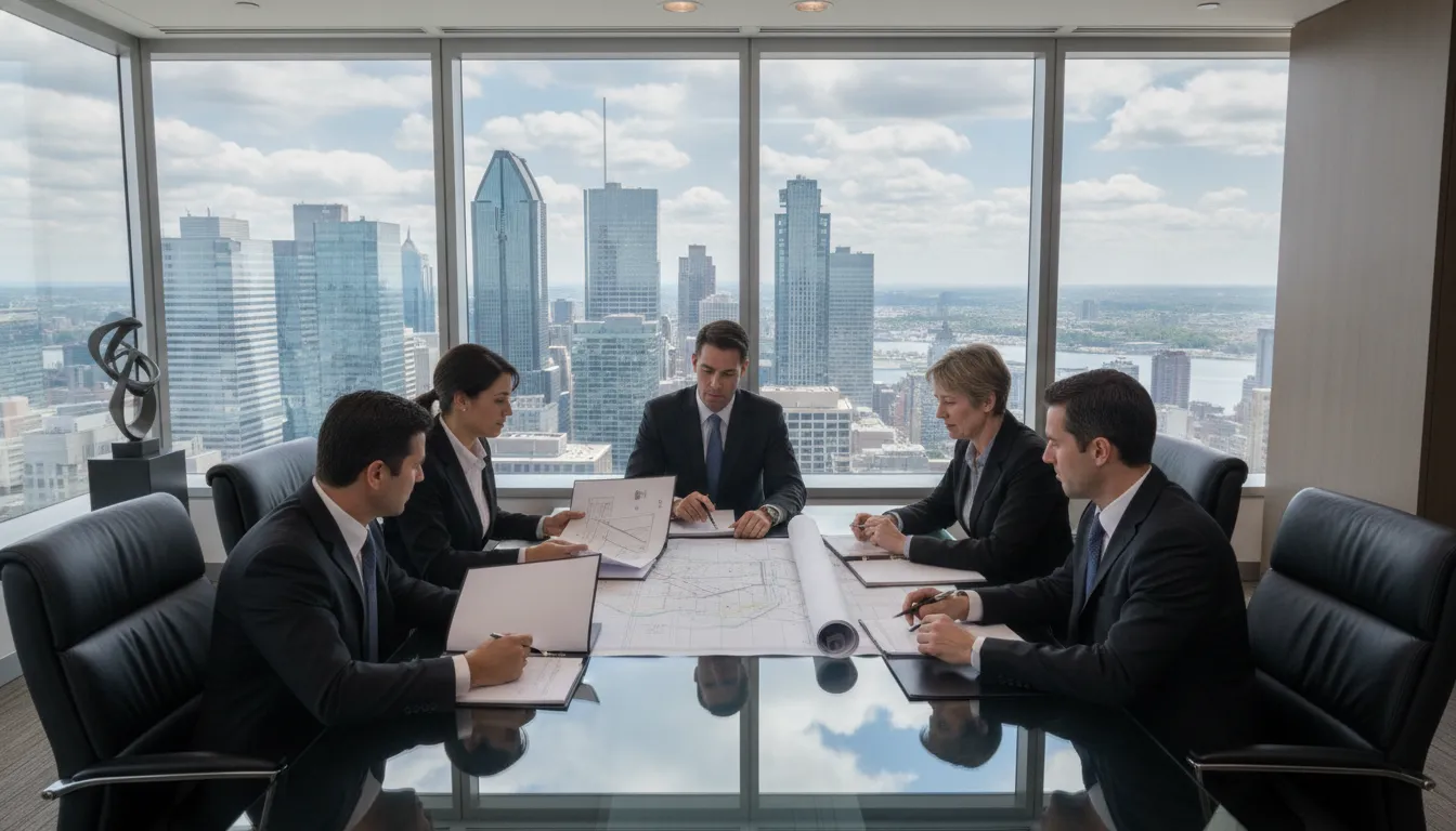Professional boardroom meeting in a modern Montreal office tower with financial district skyline visible through windows