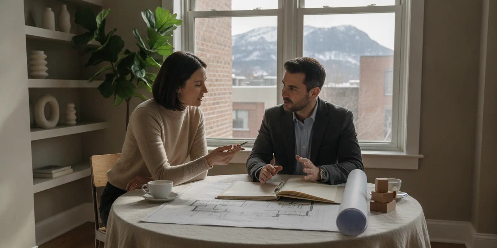 Property owner and manager reviewing tenancy documents at a table in a Montreal apartment building