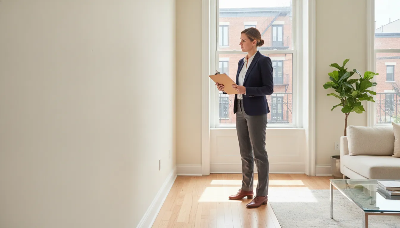 Property manager reviewing a bright Montreal apartment before a new lease