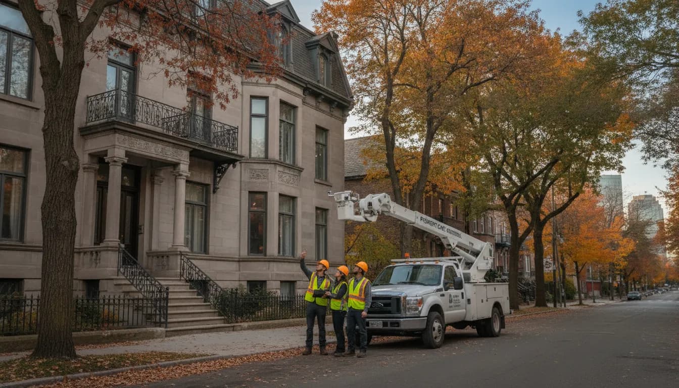 Professional property maintenance team inspecting a Montreal residential building with maintenance vehicle
