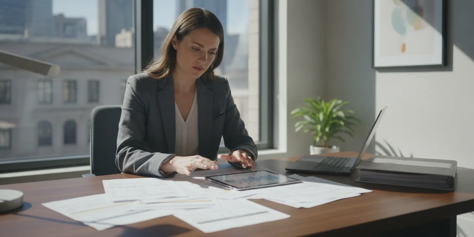 Property manager reviewing building accounts and financial records at a desk