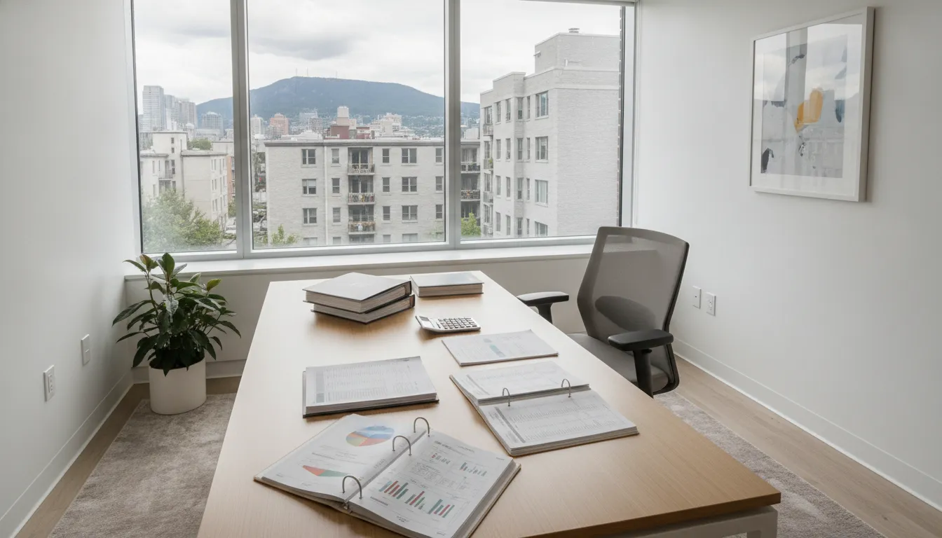 Professional property management office in Montreal with financial reports and rent ledgers