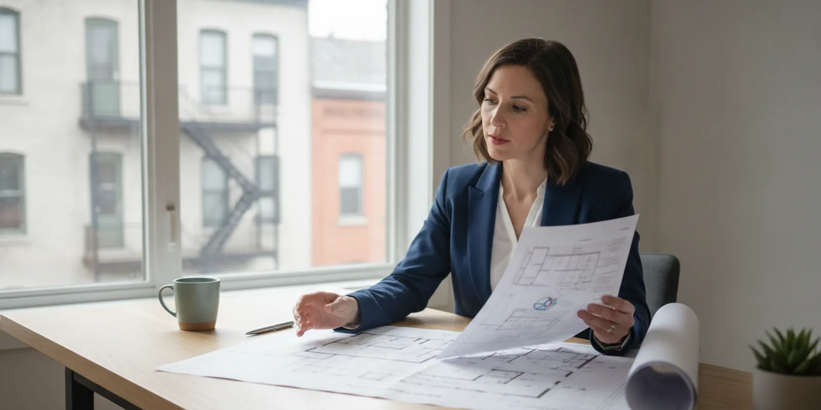 Property manager reviewing a building inspection report at a desk