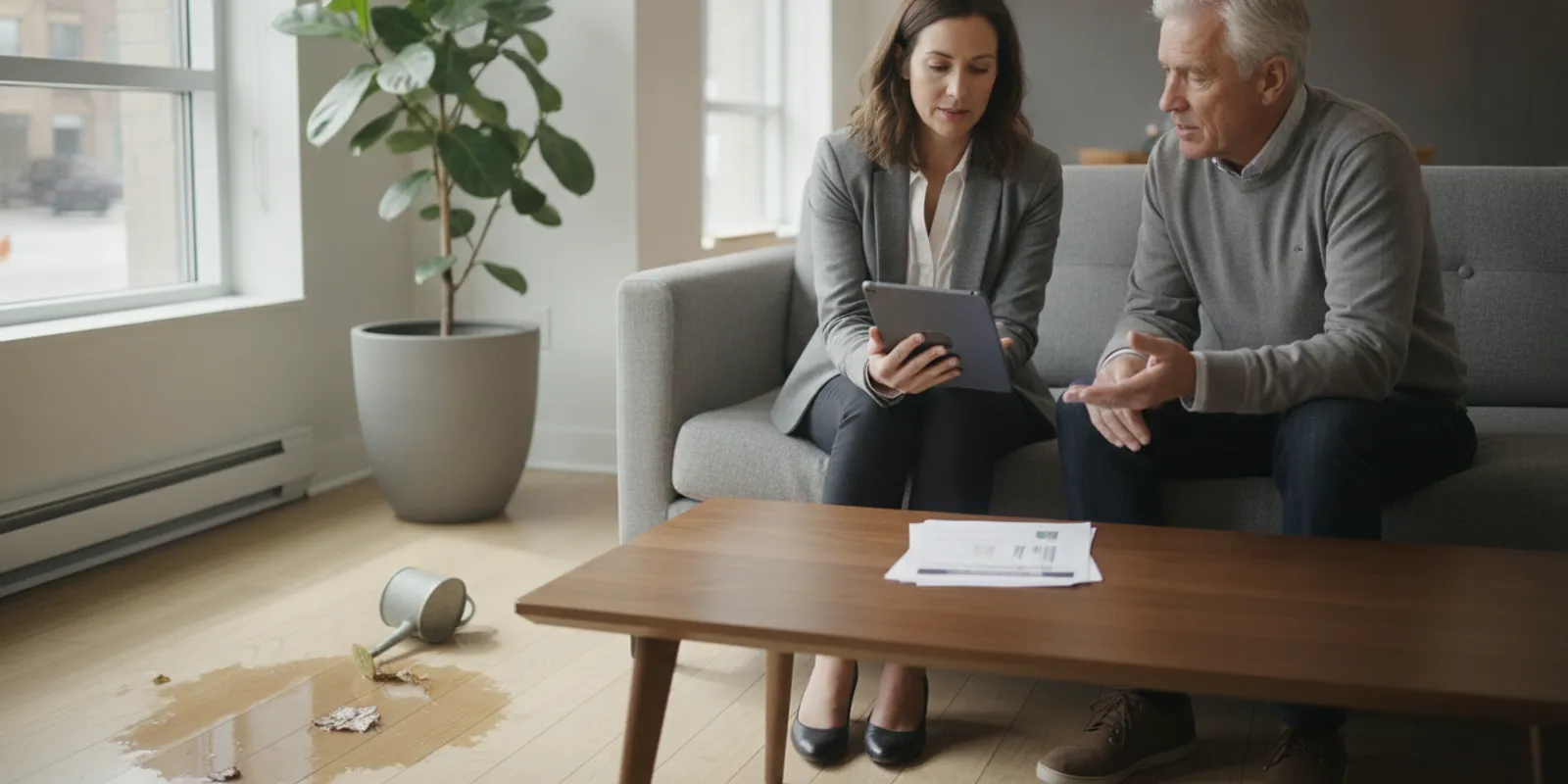 Property manager and owner reviewing incident records at a Montreal building