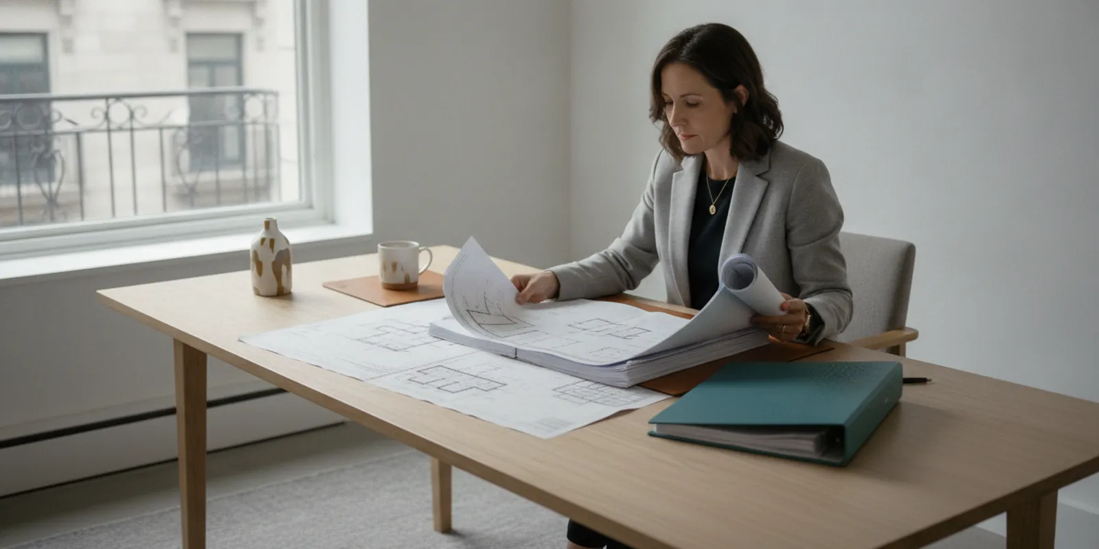 Property owner reviewing a property management proposal and building documents at a desk