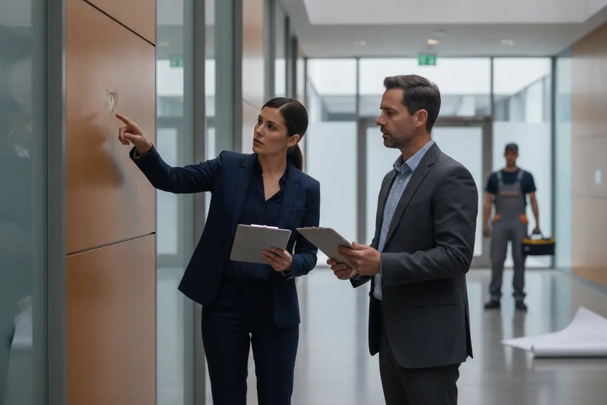 Property manager and owner reviewing a building maintenance item