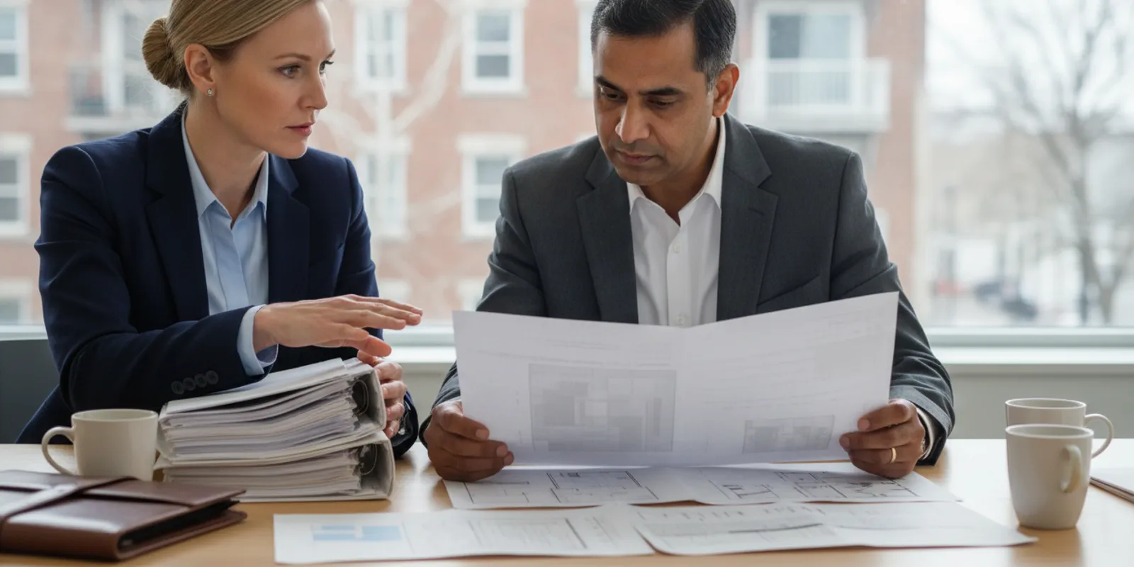 Montreal property owner reviewing insurance documents with a property management professional