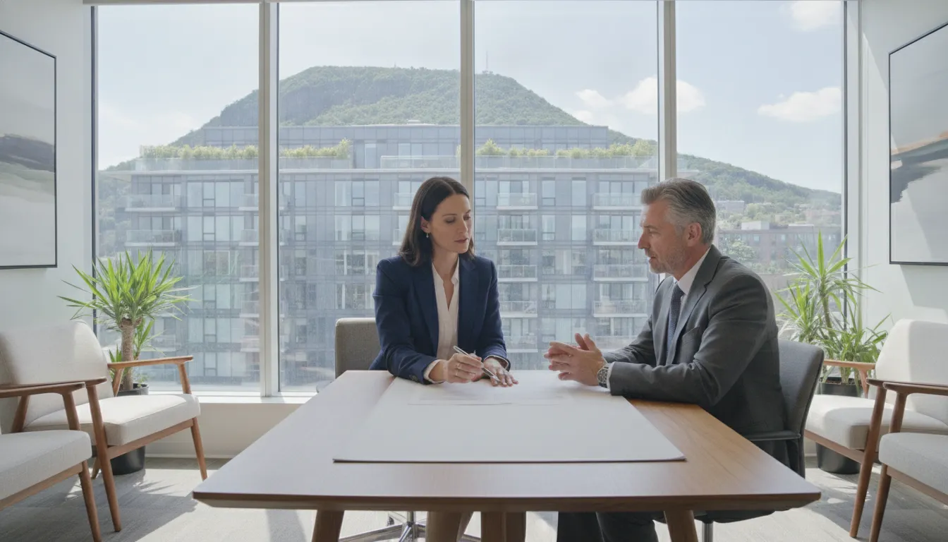 Property manager and property owner reviewing a residential lease in a bright Montreal office