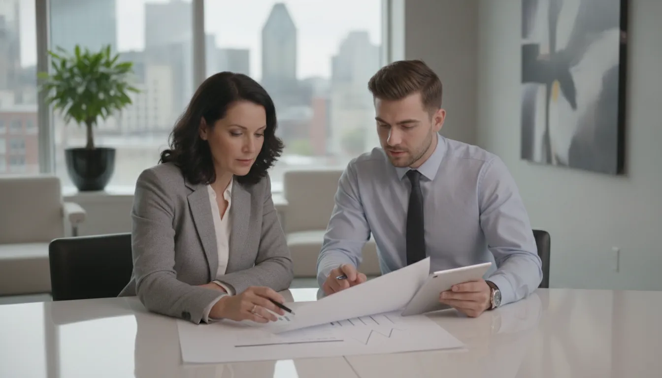 Property owner and manager reviewing rent payment documents in a Montreal office