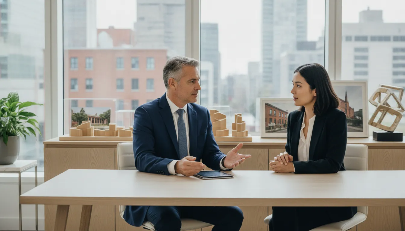 Montreal property owner reviewing rental management records with a professional manager