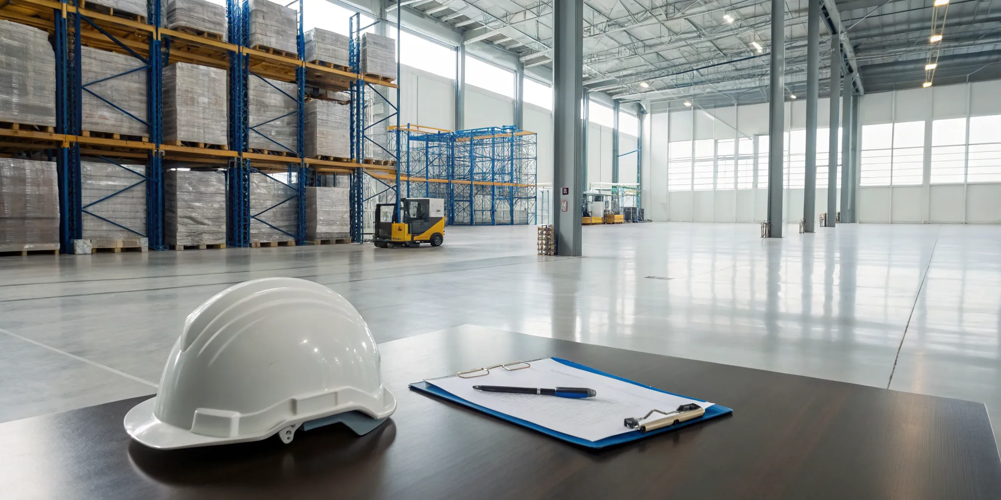 Desk with clipboard in a warehouse, used for calculating industrial property management costs.