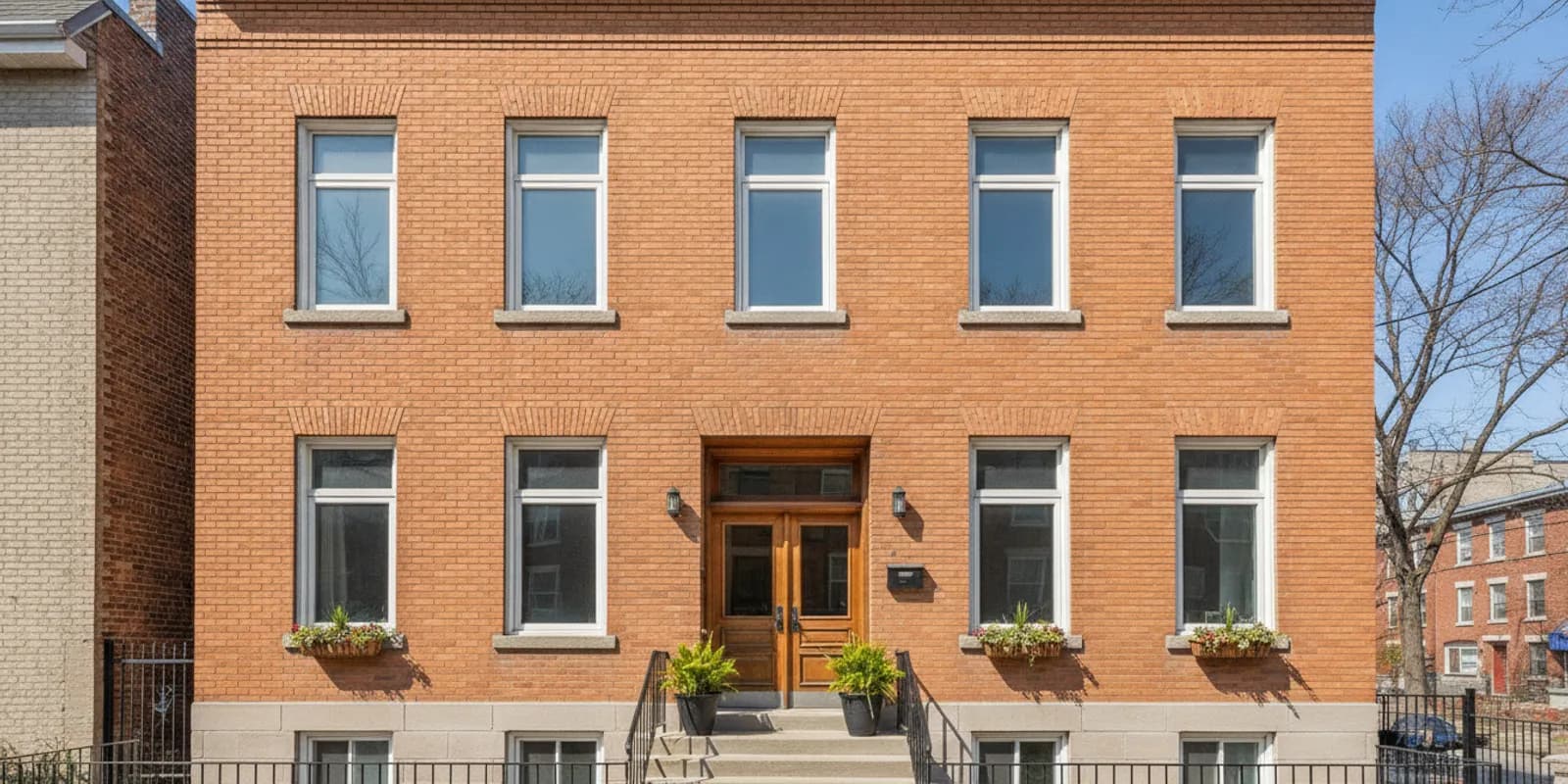 Montreal property exterior viewed in daylight with a quiet, well-maintained entrance