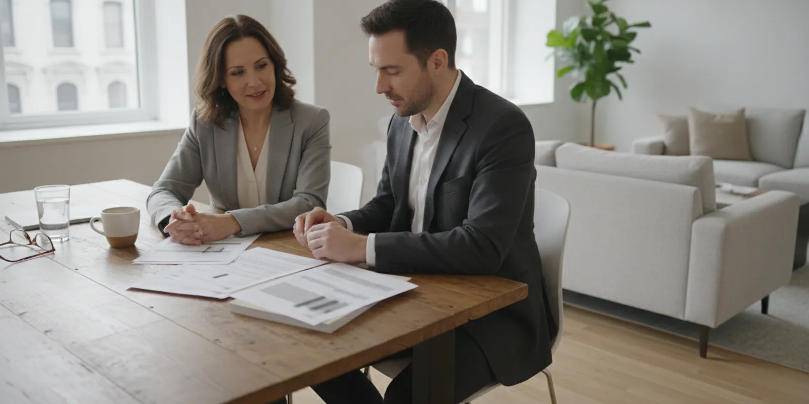 Property owner reviewing rental documents with a leasing professional in a Montreal apartment building