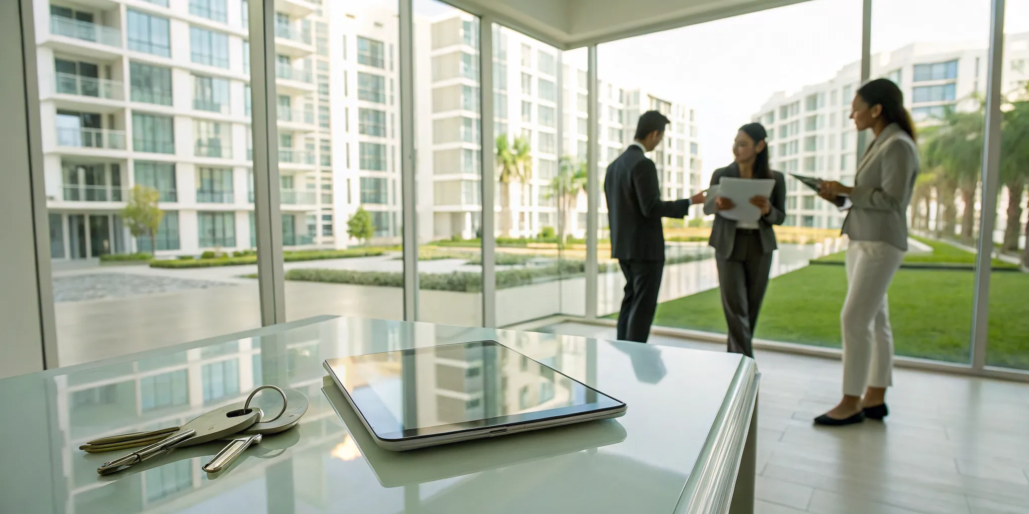Landlords discussing tenant management with keys and a lease agreement on a tablet.