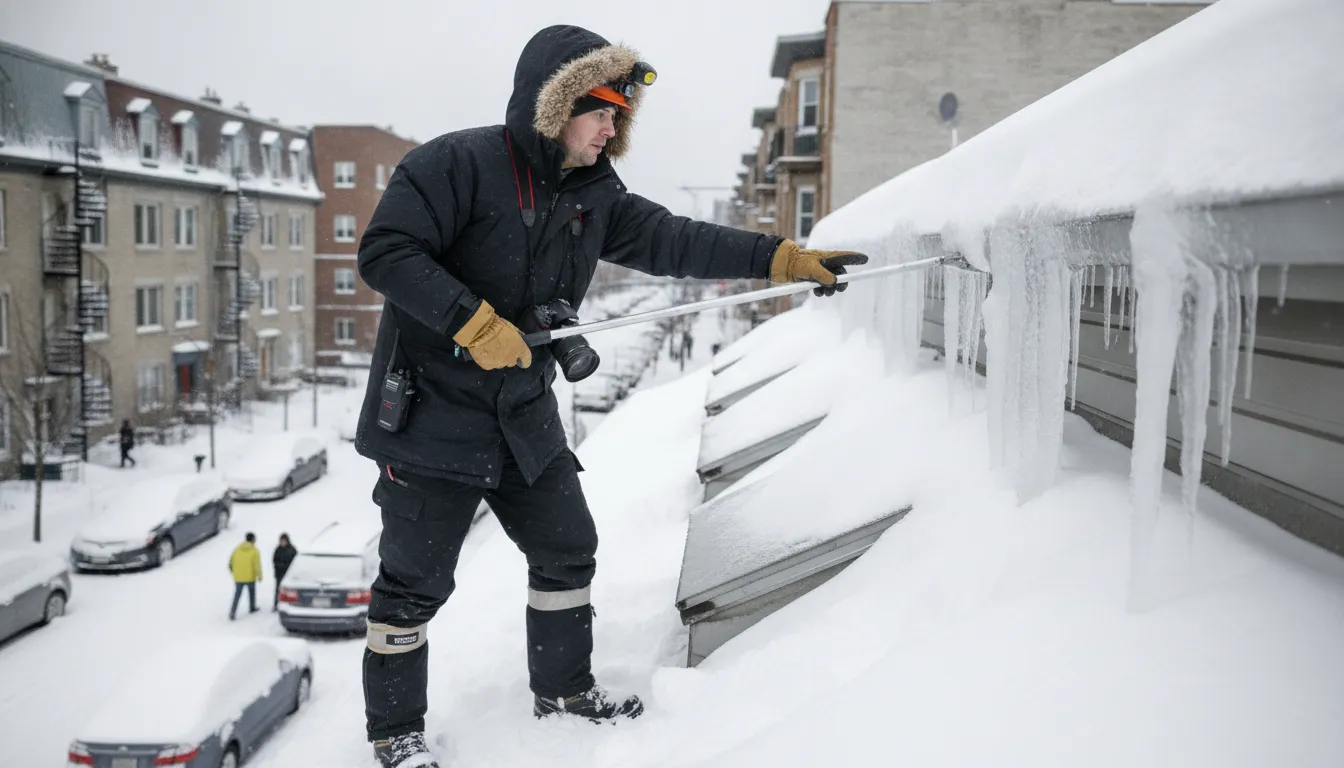 Professional property manager inspecting snow accumulation on a Montreal building roof in winter